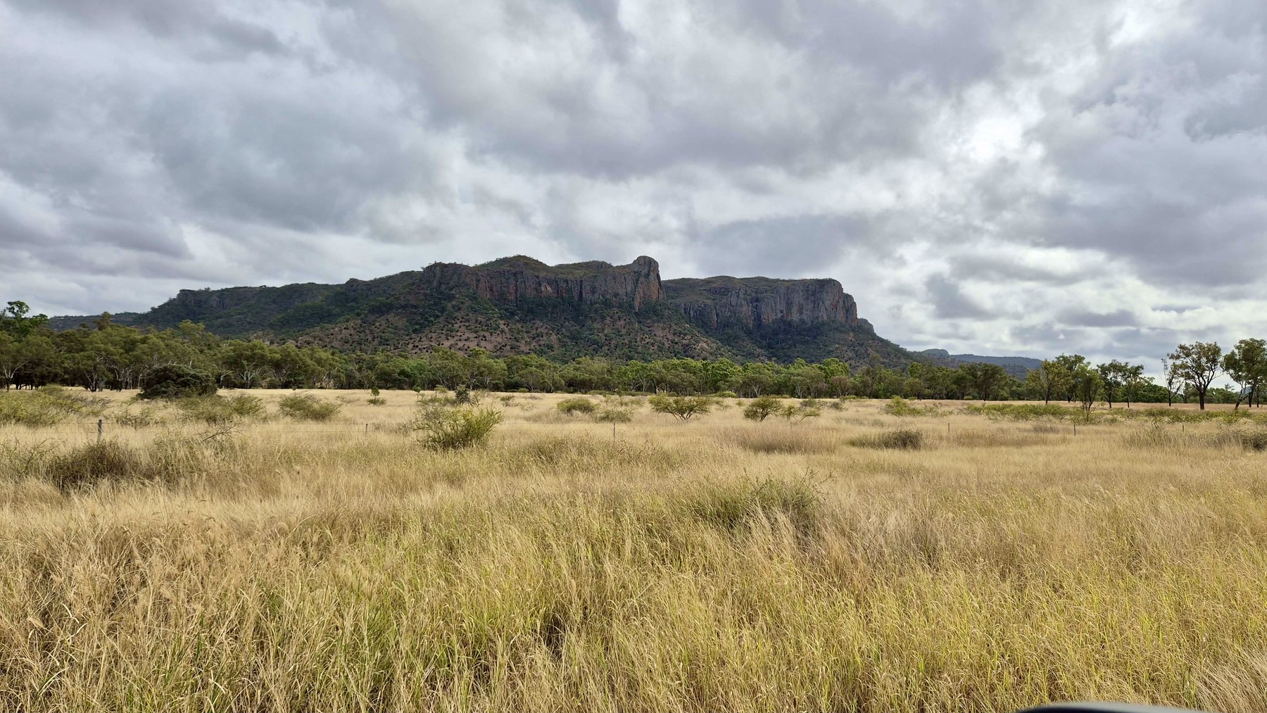 Virgin Rock rising above open grassland near Springsure under a cloudy sky