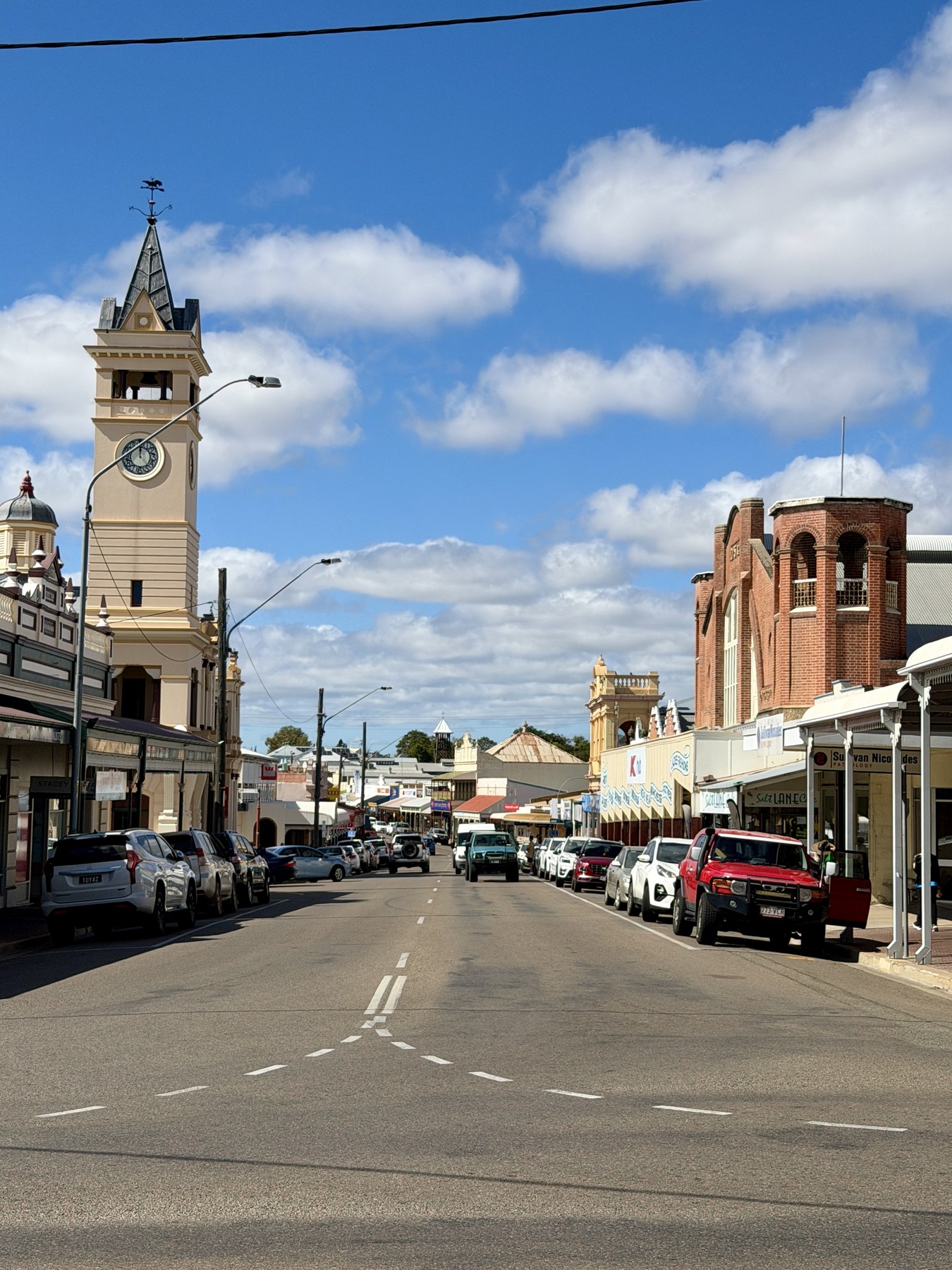 Historic Charters Towers street with clock tower and old buildings