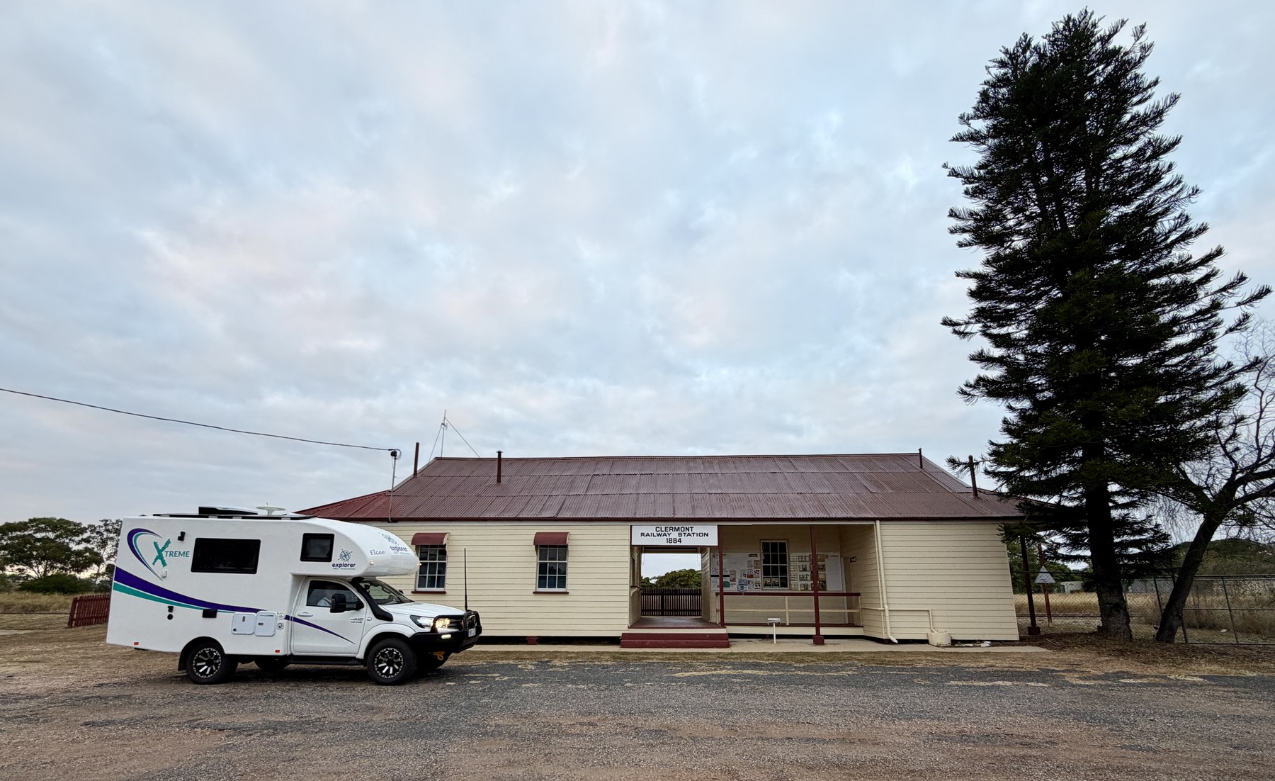 Elcee parked beside the historic Clermont Railway Station building