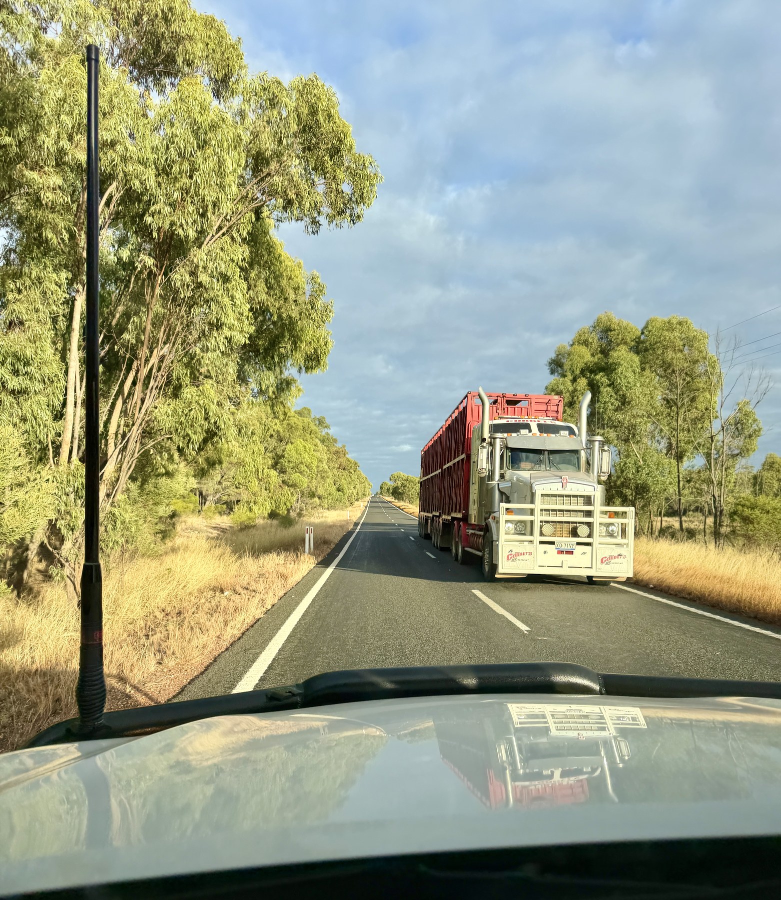 A roadtrain travelling along a wide open Queensland road