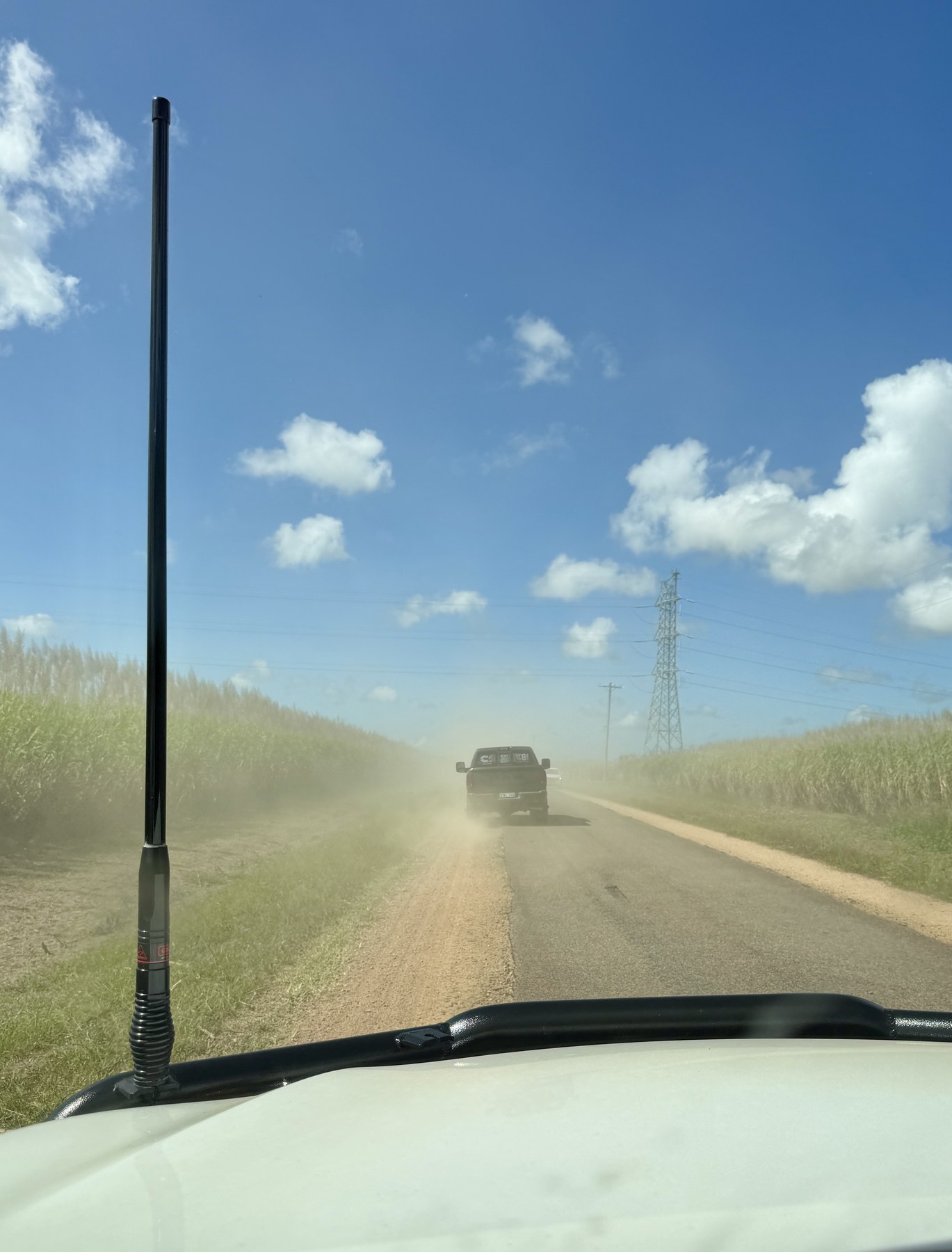 Dusty cane field detour road seen from inside Elcee