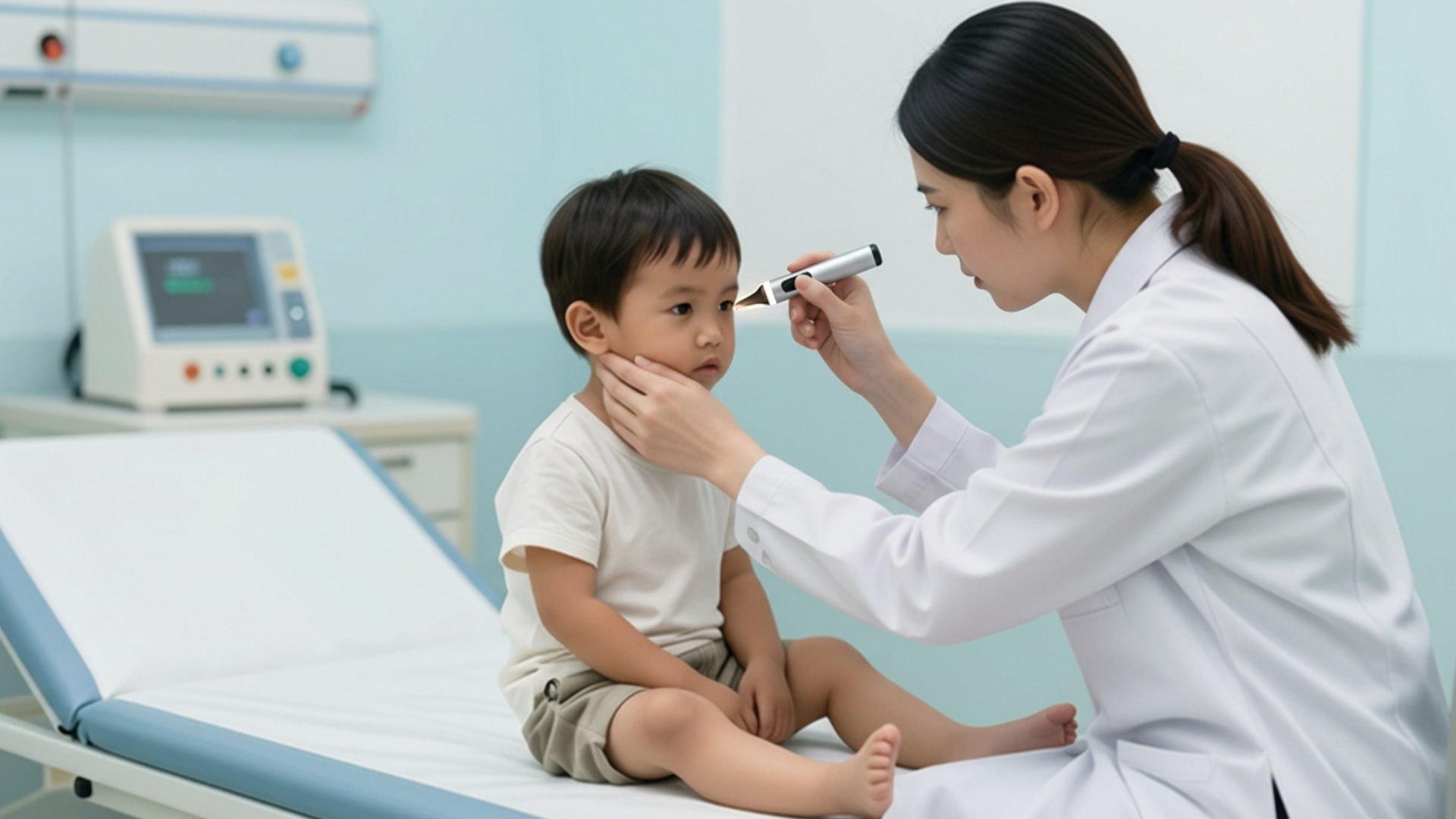 A young child receiving a health assessment from a doctor
