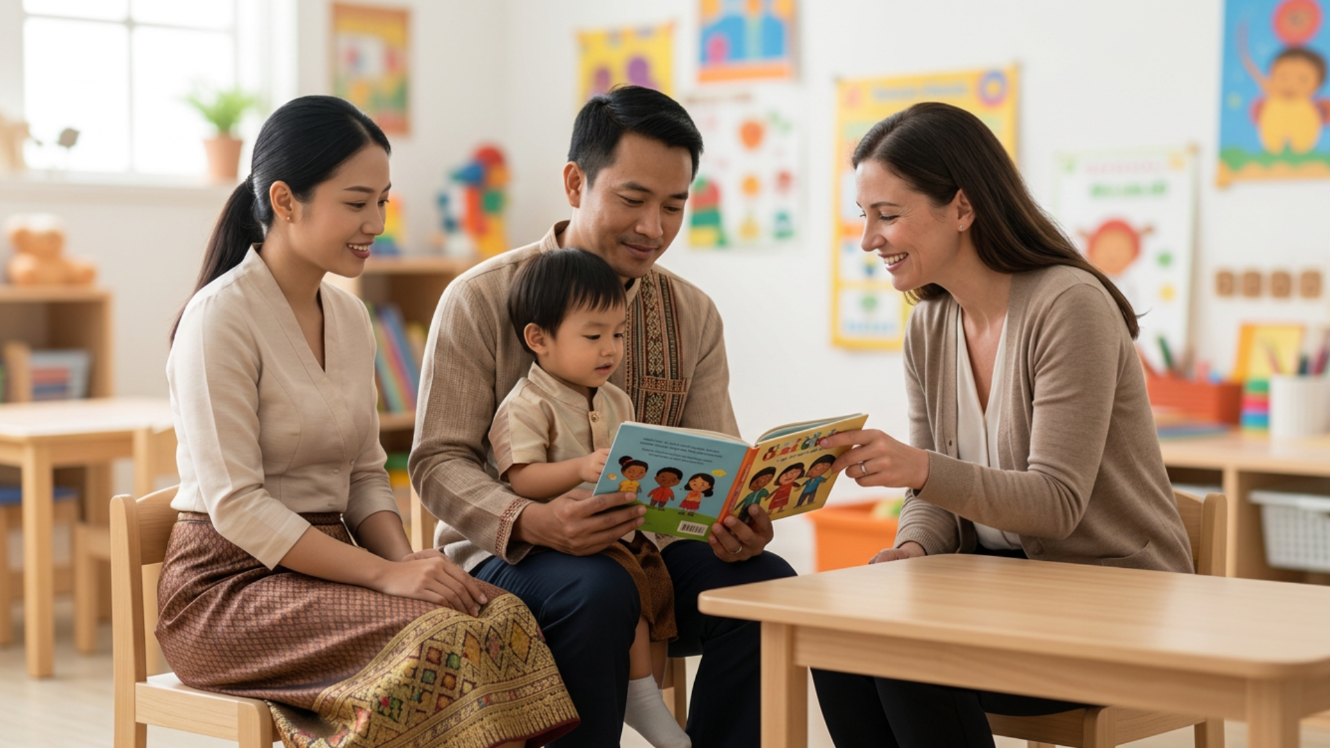 A family and educator sharing a book with a young child