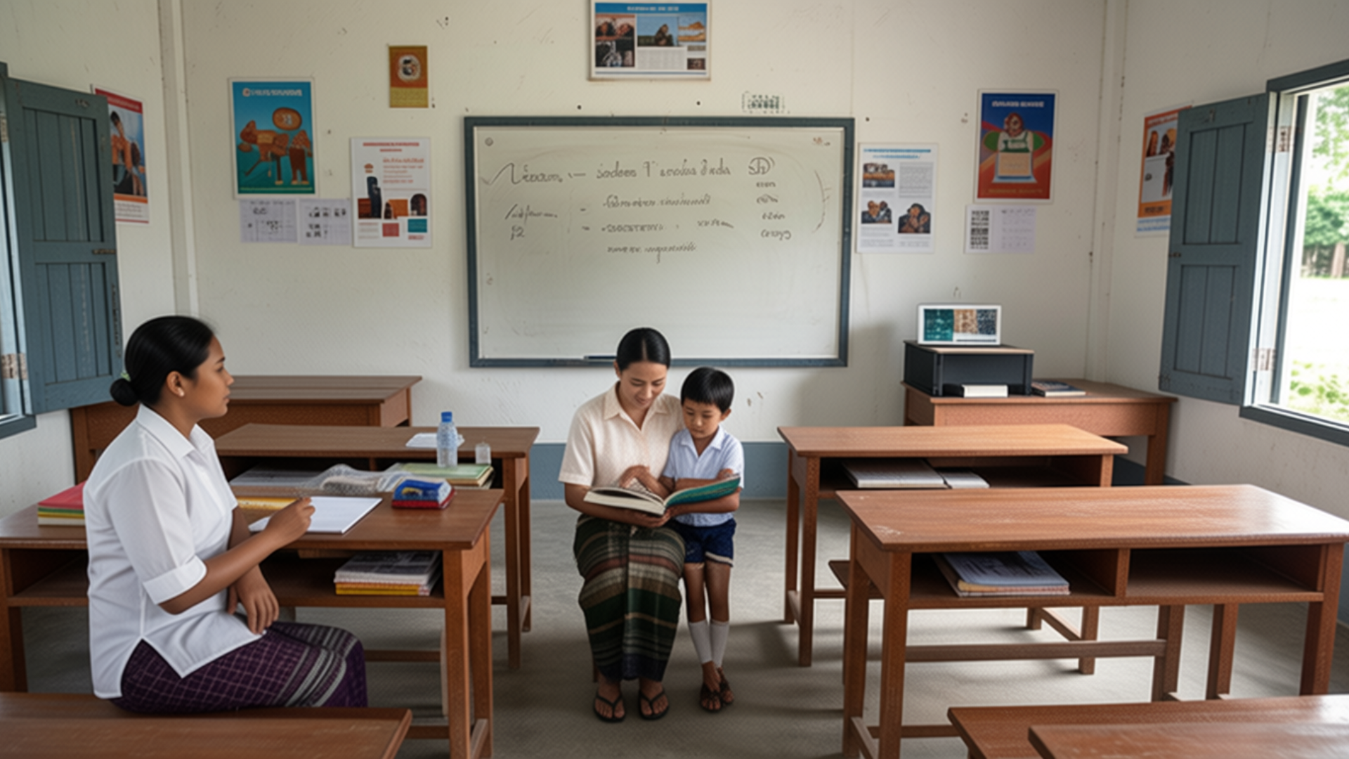 A teacher supporting a child with reading in a Laos classroom