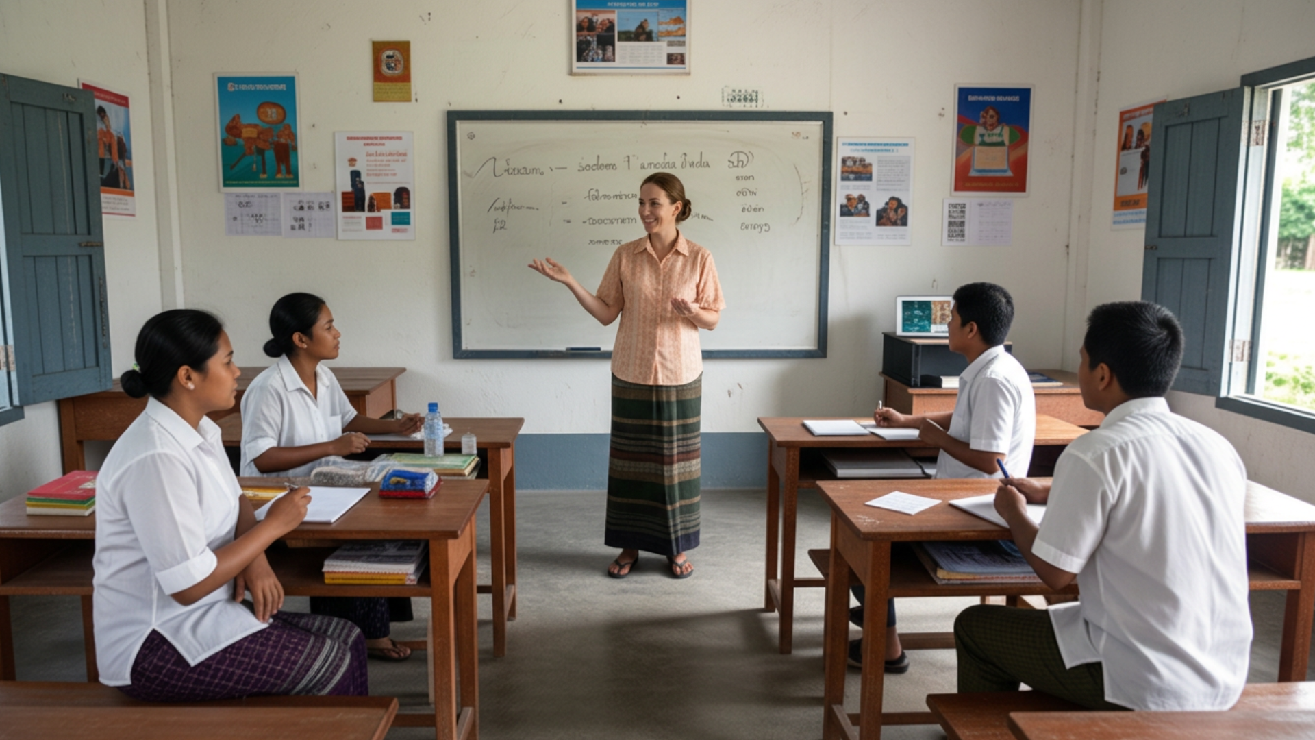 A visiting teacher presenting to Lao teachers in a classroom